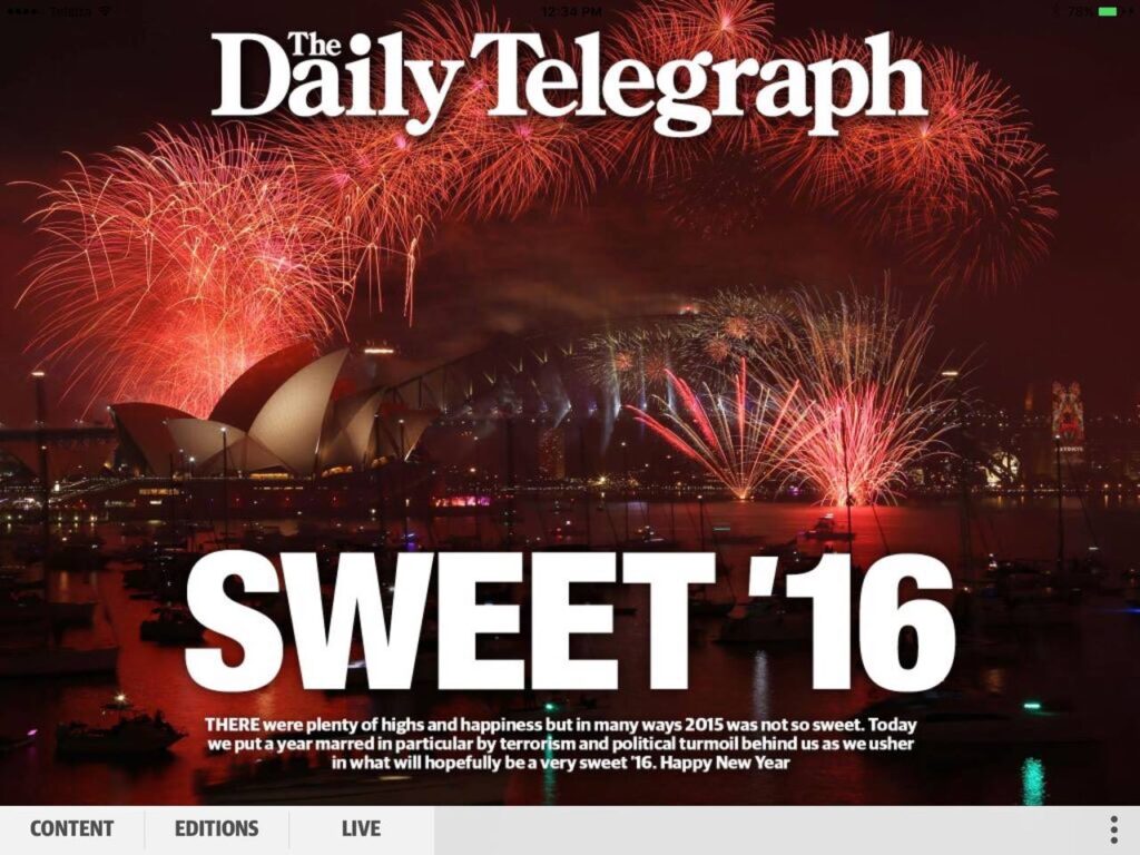 Front page of the Daily Telegraph iPad app, published on New Year's Day 2016