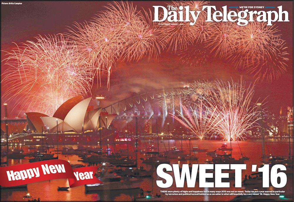 Front page wraparound of the Daily Telegraph, published on New Year's Day 2016