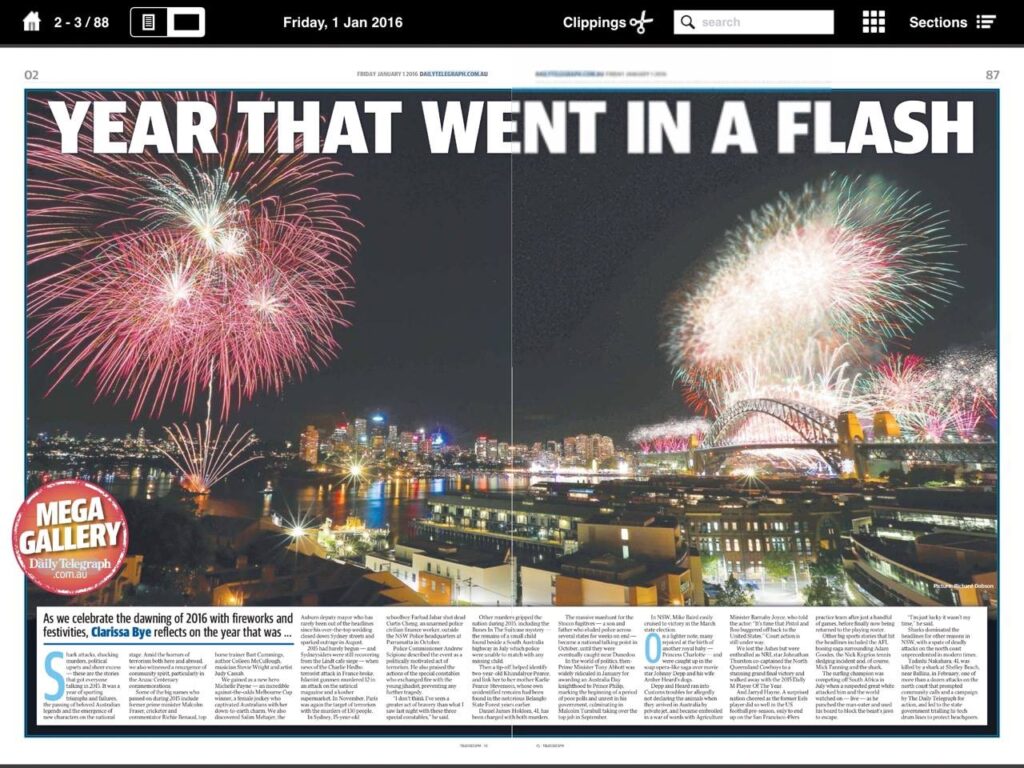 Double page spread in the Daily Telegraph celebrating New Year's Eve and New Year's Day in 2016