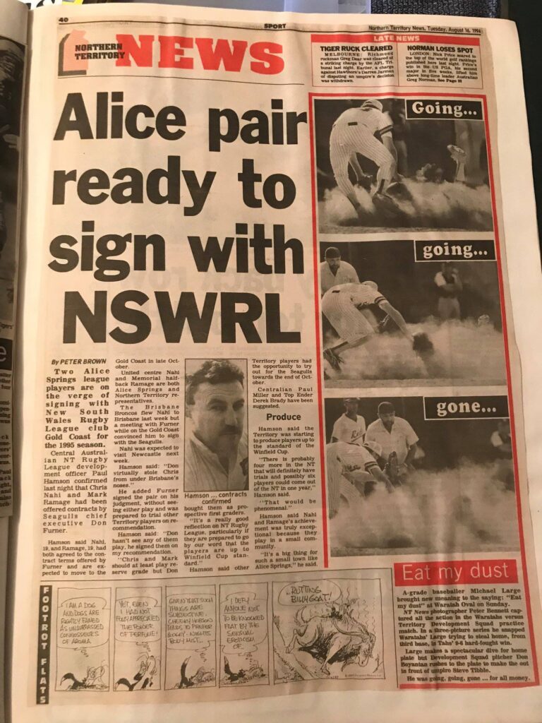 Back page splash on the NT News in the mid 1990s showcasing Peter Brown's reporting.