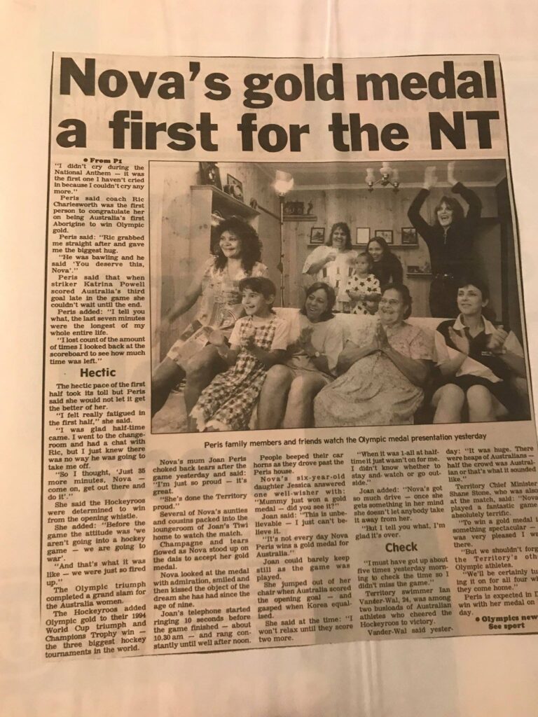 Page 2 of the NT News detailing how Nova Peris' family watched the Hockeyroos star becoming Australia's first Indigenous Olympic gold medallist