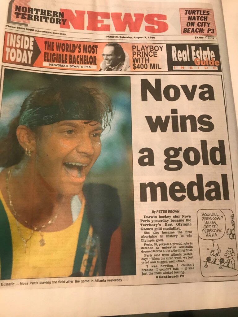 Front page of the NT News in August 1996 celebrating Nova Peris becoming the first Indigenous gold medallist.